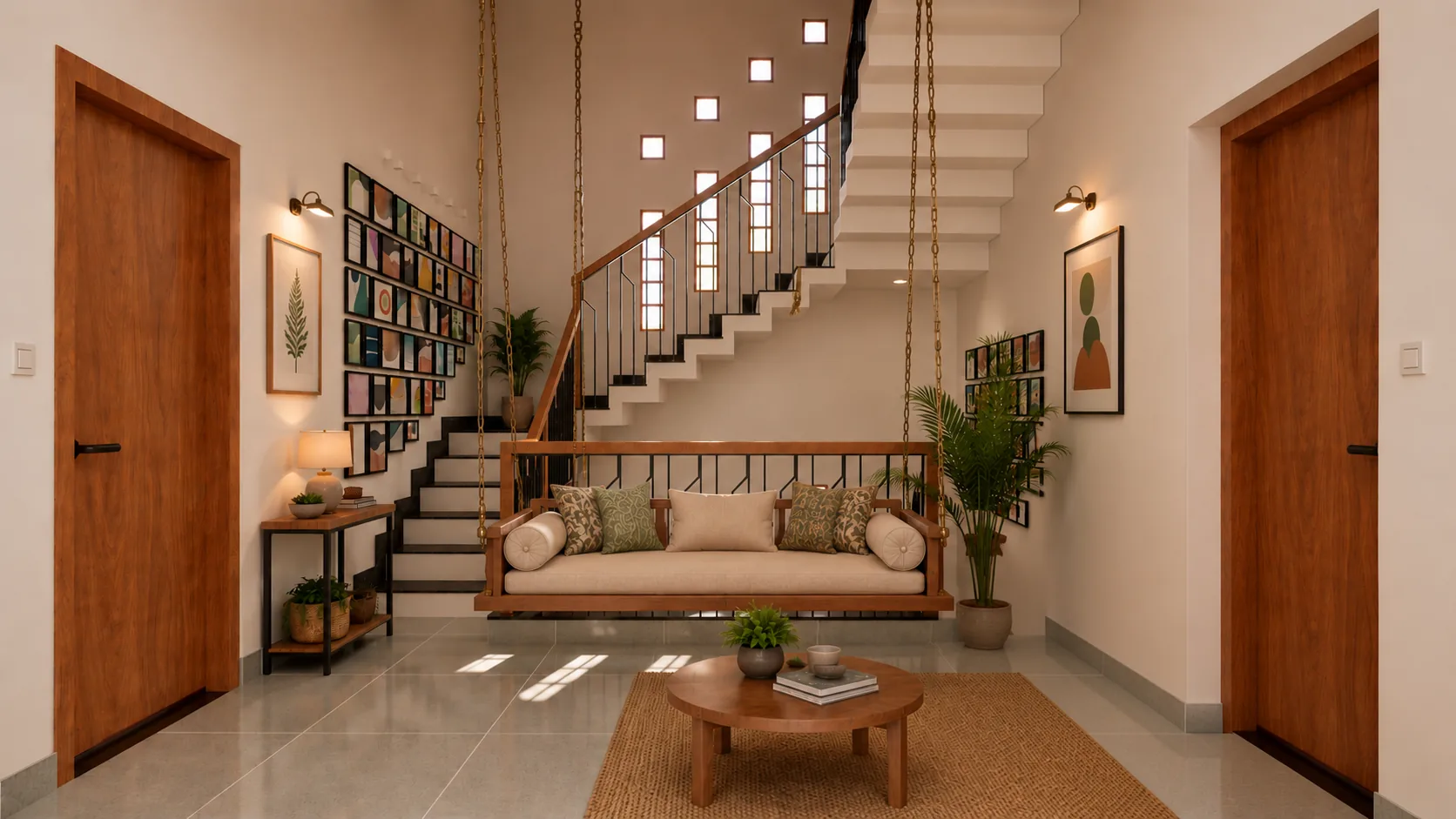AJ Residence — living room with swing seat under the staircase, Maraimalainagar, Chennai