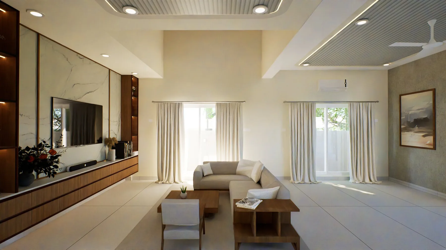 AS Residence — living room with marble accent wall, Chrompet, Chennai