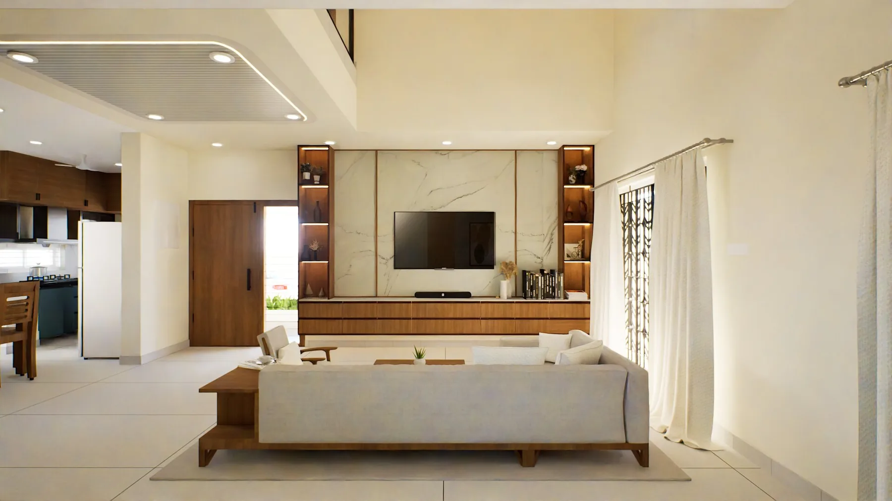AS Residence — living room with marble TV feature wall, Chrompet, Chennai