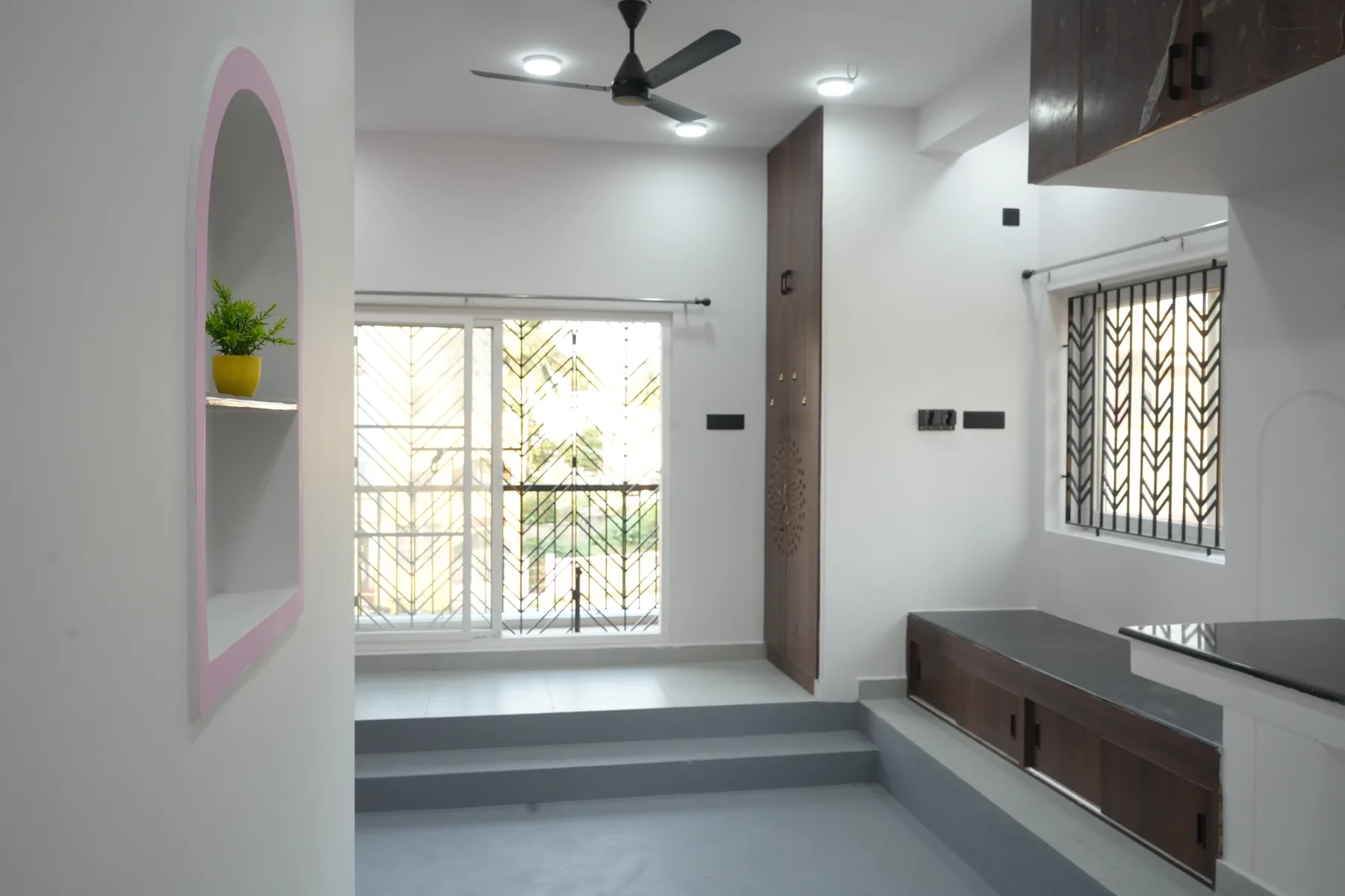AV Residence — staircase landing mirror nook, Guduvanchery, Chennai