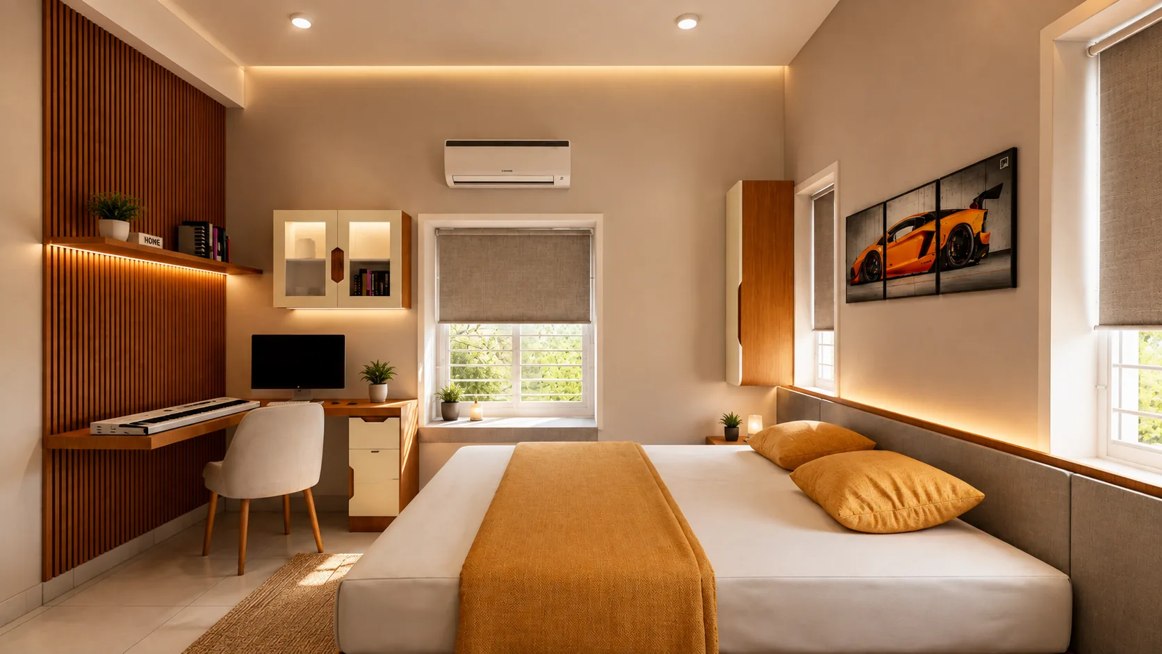 GR Residence — bedroom with study nook, Mahalakshmi Nagar, Chennai