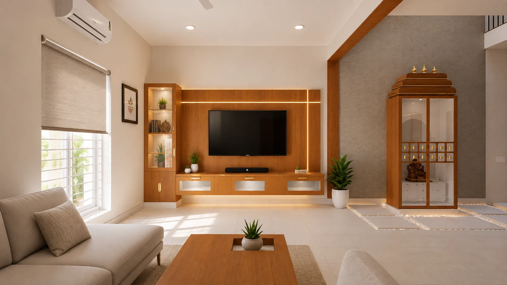GR Residence — living room with TV unit and pooja niche, Mahalakshmi Nagar, Chennai