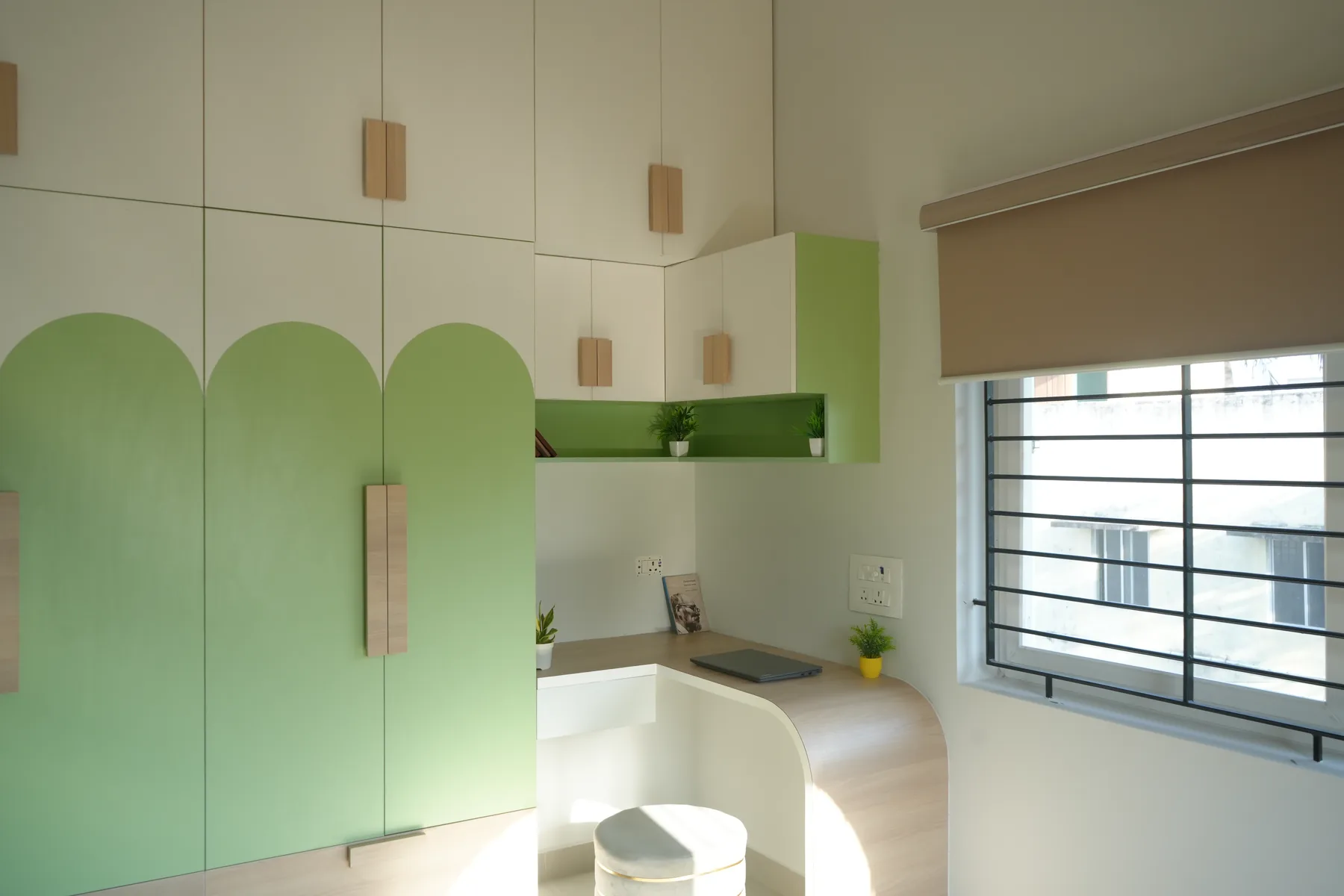 Nila 2.0 — kids' room with arched wardrobe and study nook, Thangappapuram, Chennai