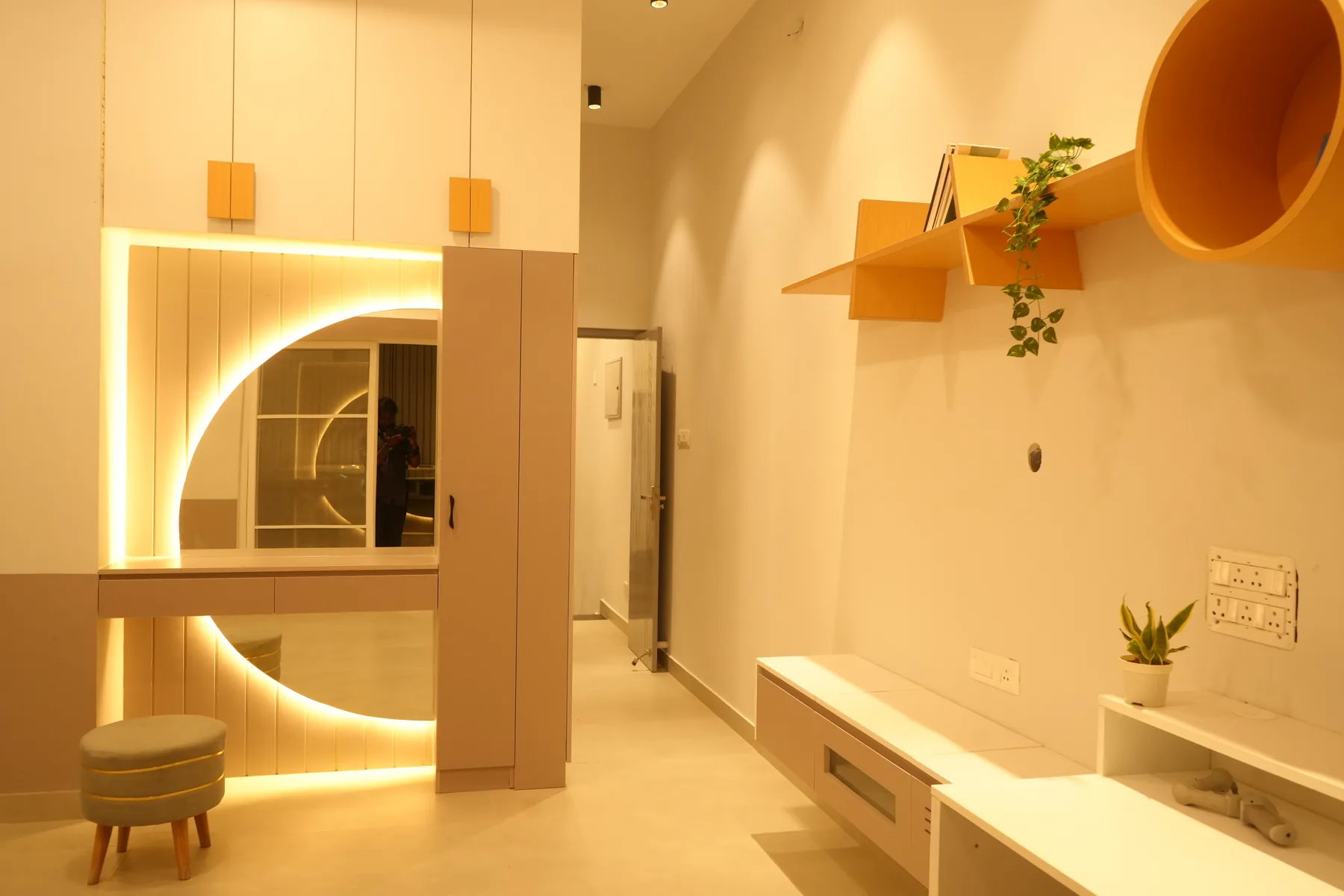 Nila 2.0 — moon-themed bedroom vanity with backlit circular mirror, Thangappapuram, Chennai