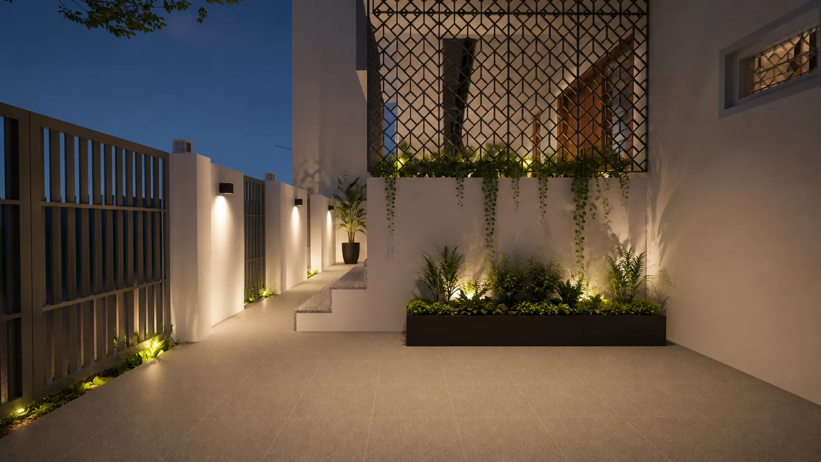 NT Residence — staircase jaali detail at night, Villupuram, Chennai