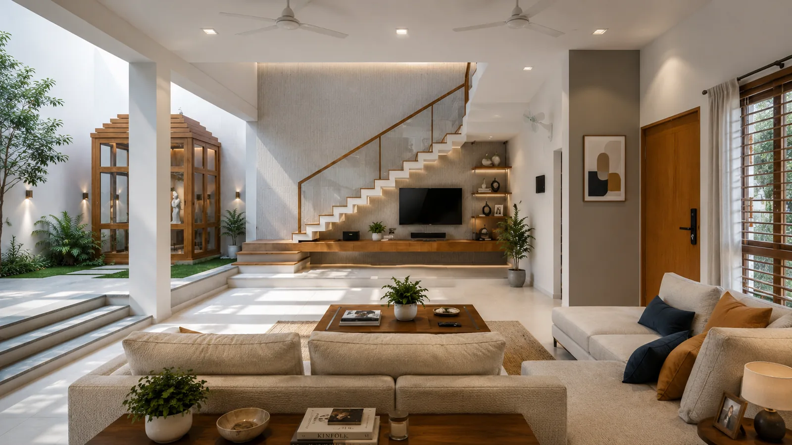 PR Residence — living room with internal courtyard and floating staircase, Maraimalainagar, Chennai
