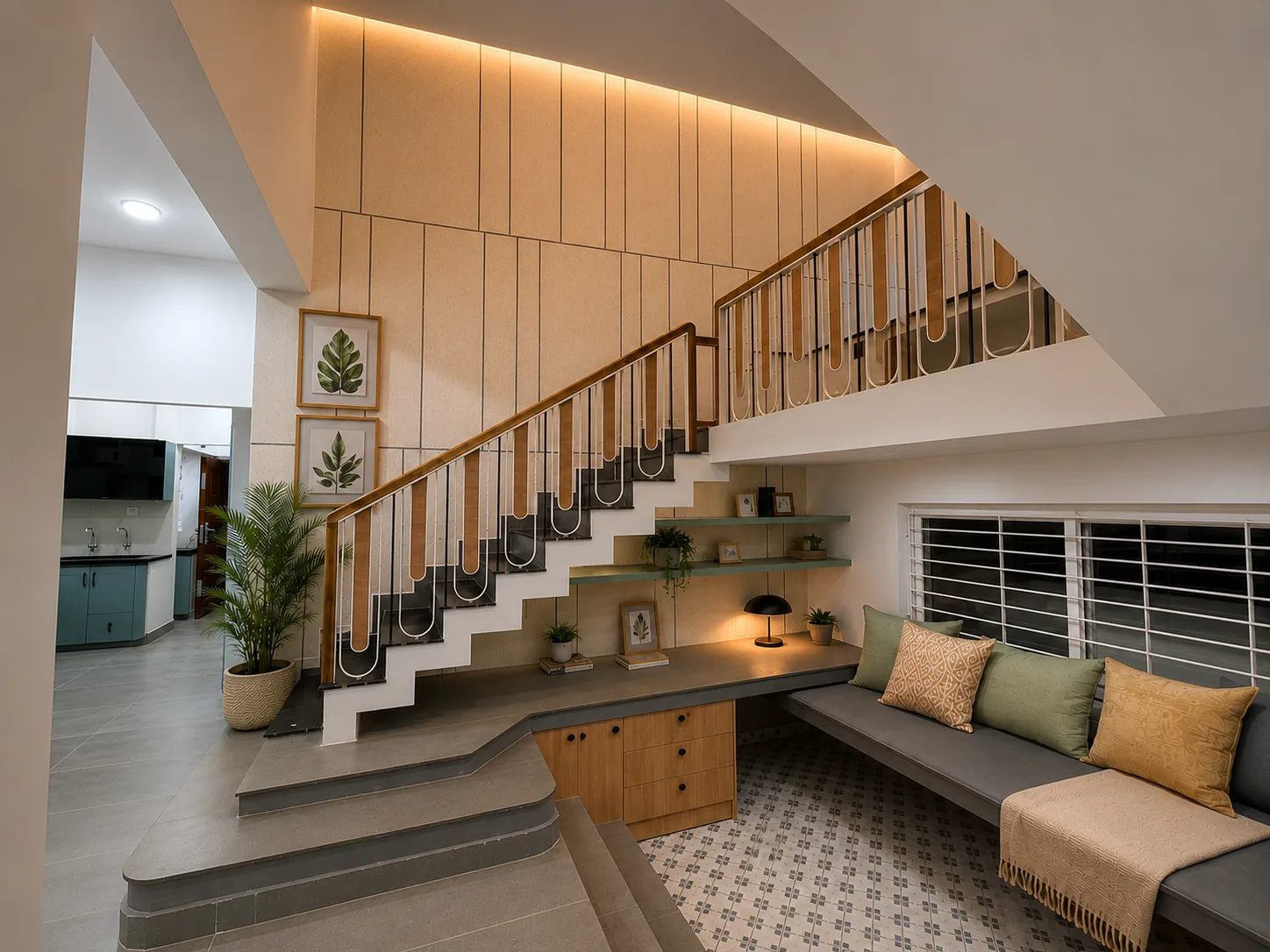 RA Residence — sunken living area with mezzanine study, Urapakkam, Chennai