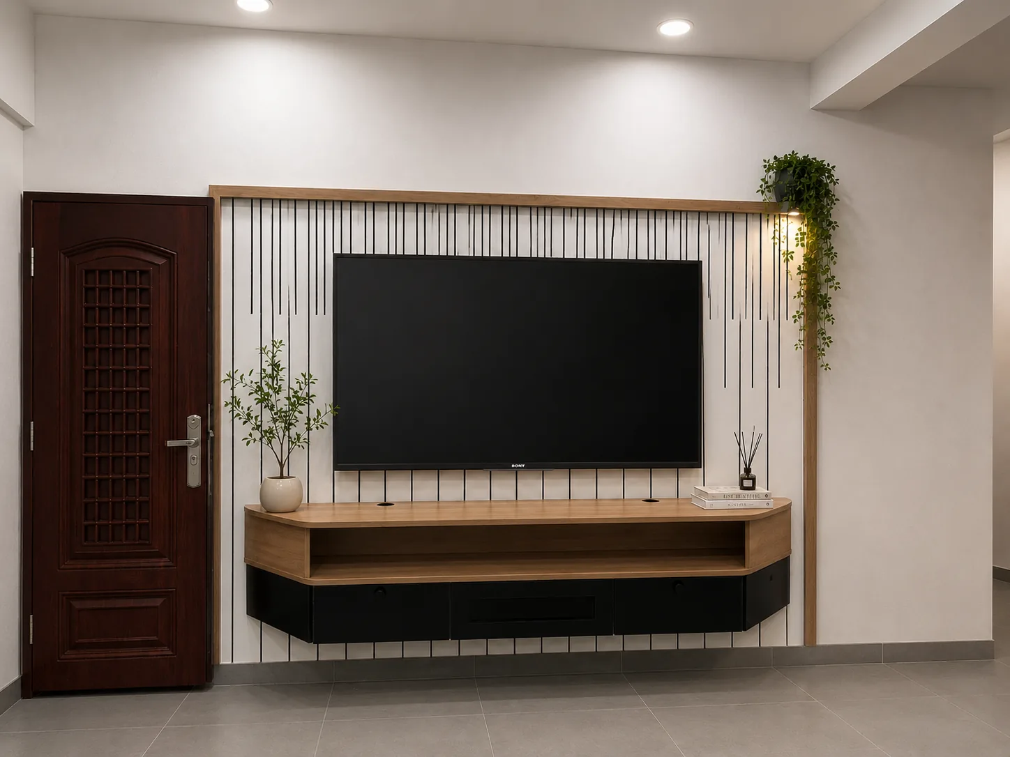 RA Residence — floating TV unit with wood panelling, Urapakkam, Chennai